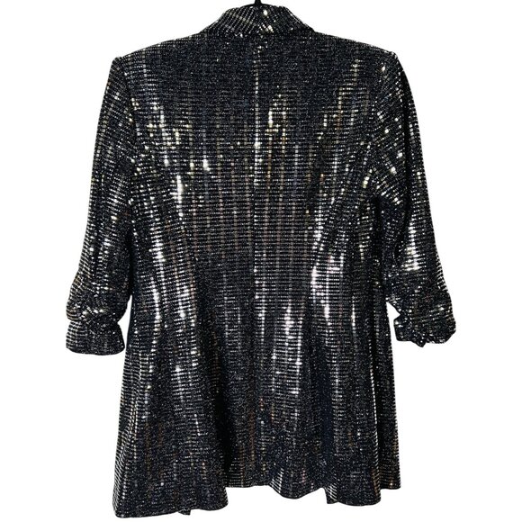 Venus Black & Silver Sequin Open Front Blazer 3/4 Ruched Sleeves SZ 6 Party Wear - Picture 3 of 3